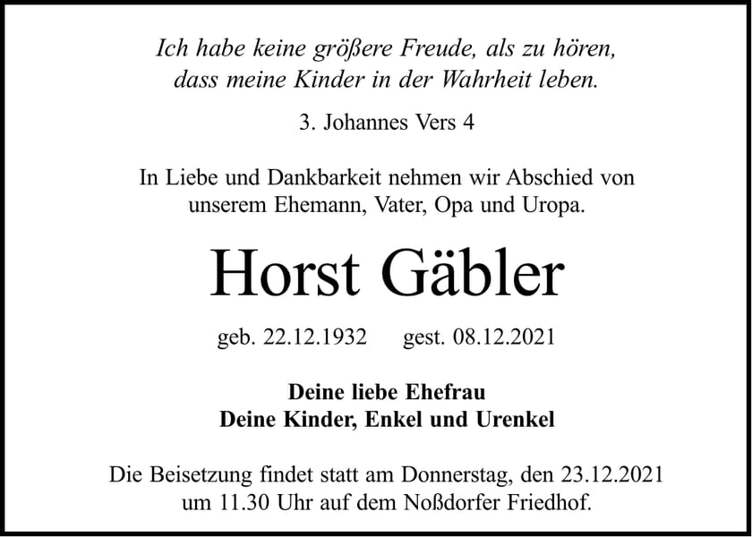 Traueranzeige Horst Gäbler