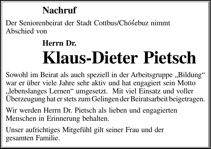 Nachruf Klaus-Dieter Pietsch