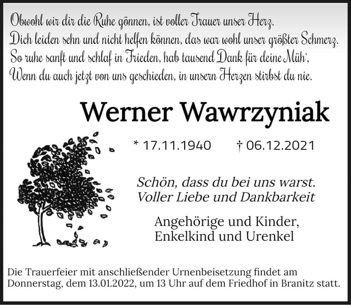 Traueranzeige Werner Wawrzyniak