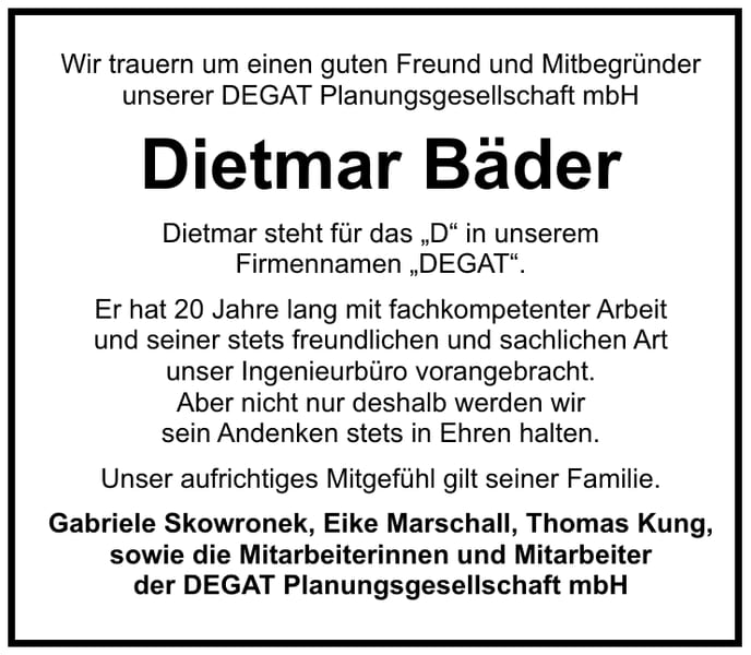 Traueranzeige Dietmar Bäder