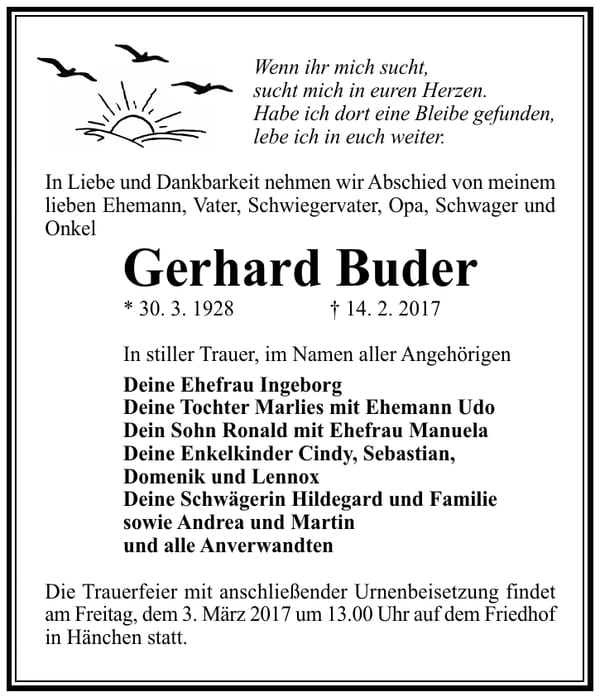 Traueranzeige Gerhard Buder