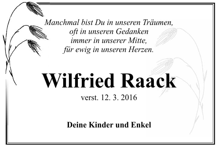 Traueranzeige Wilfried Raack