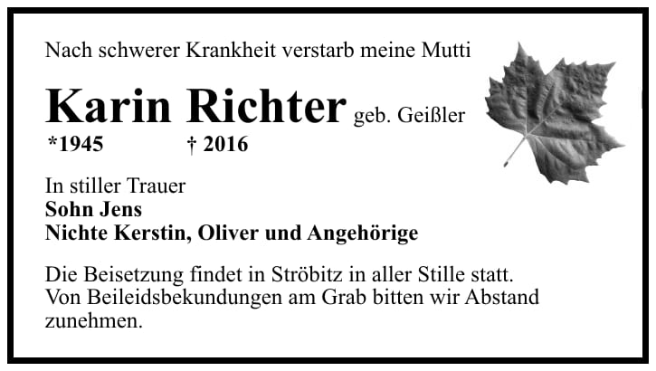 Traueranzeige Karin Richter, geb. Geißler