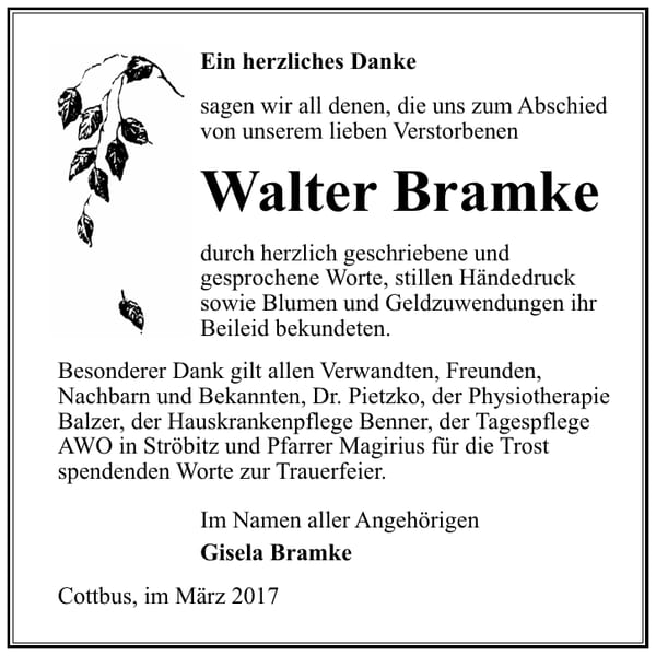 Danksagung Walter Bramke