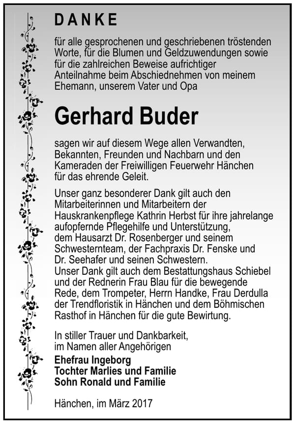 Danksagung Gerhard Buder