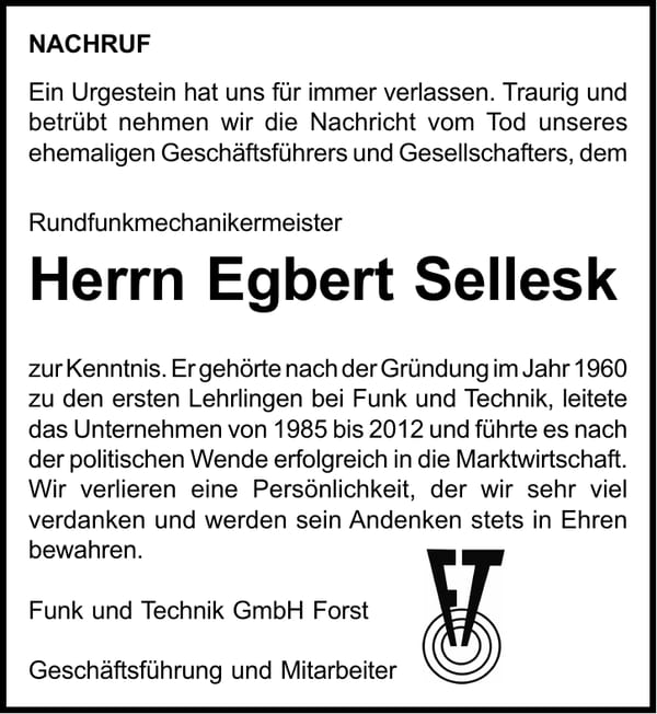 Nachruf Herrn Egbert Sellesk