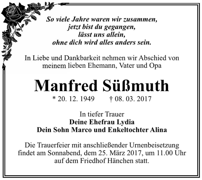 Traueranzeige Manfred Süßmuth