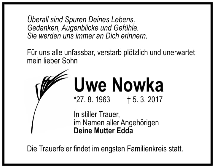 Traueranzeige Uwe Nowka
