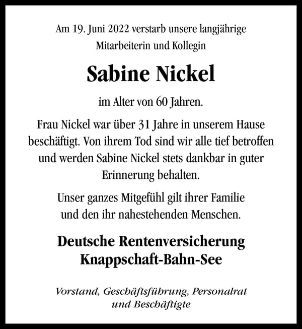 Traueranzeige Sabine Nickel