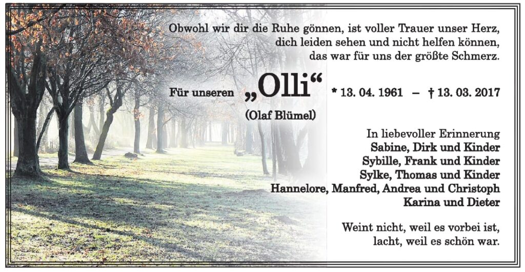 Traueranzeige „Olli“ (Olaf Blümel)