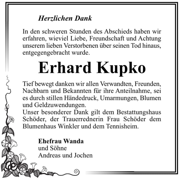 Danksagung Erhard Kupko