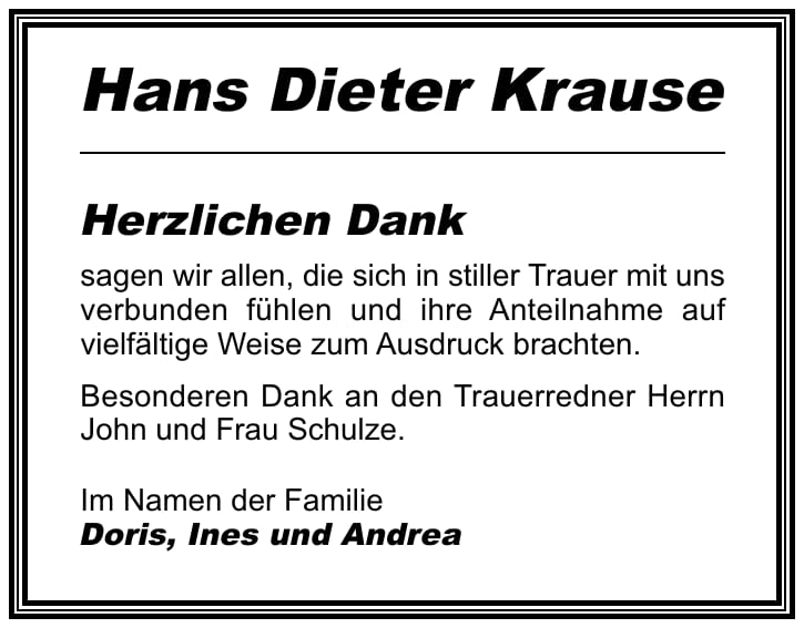 Danksagung Hans Dieter Krause