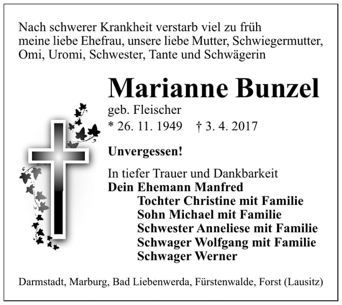 Traueranzeige Marianne Bunzel, geb. Fleischer