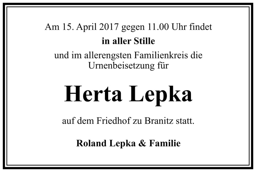 Traueranzeige Herta Lepka