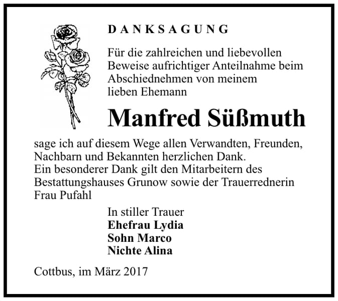 Danksagung Manfred Süßmuth