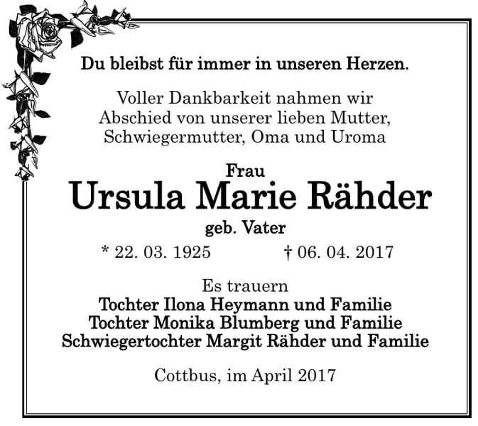 Traueranzeige Ursula Marie Rähder