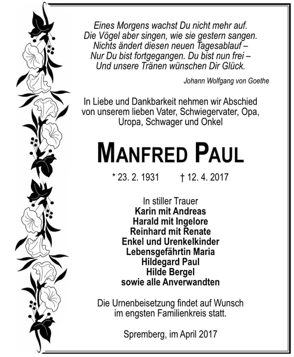 Traueranzeige Manfred Paul