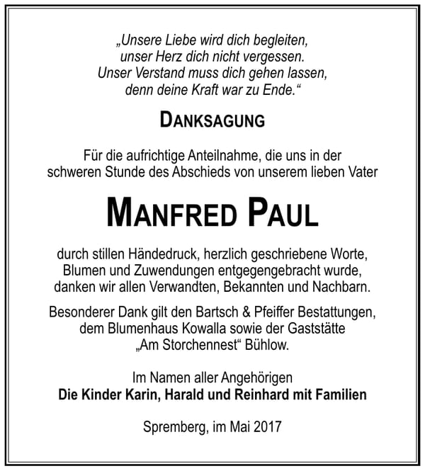 Danksagung Manfred Paul
