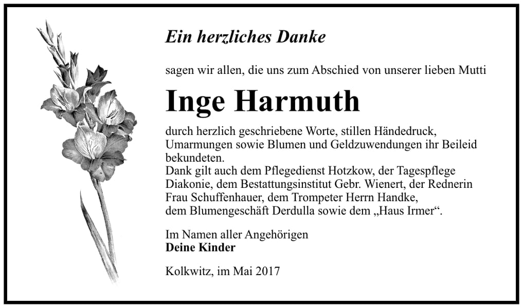 Danksagung Inge Harmuth