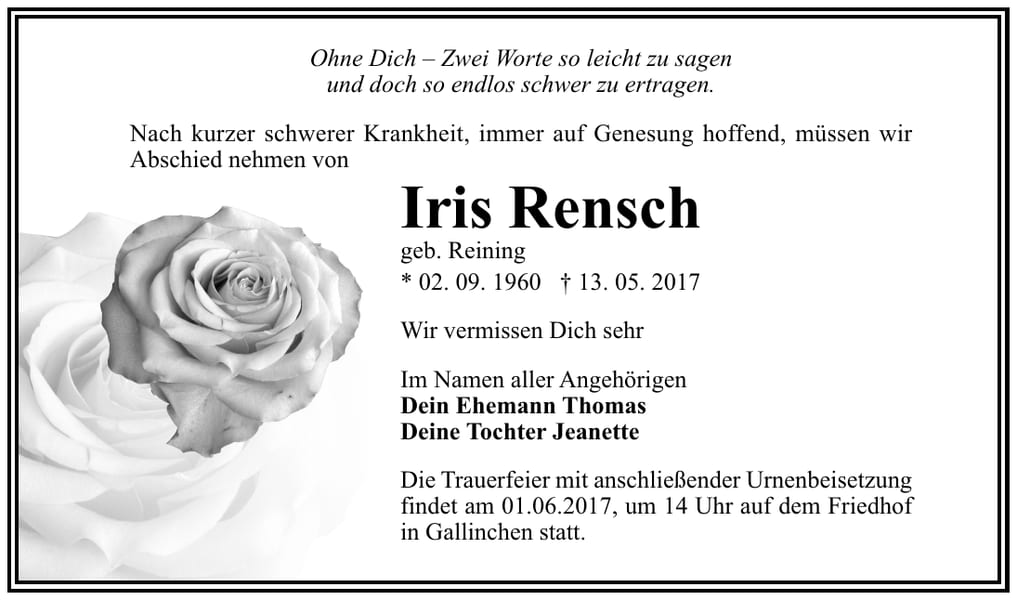 Traueranzeige Iris Rensch, geb. Reining