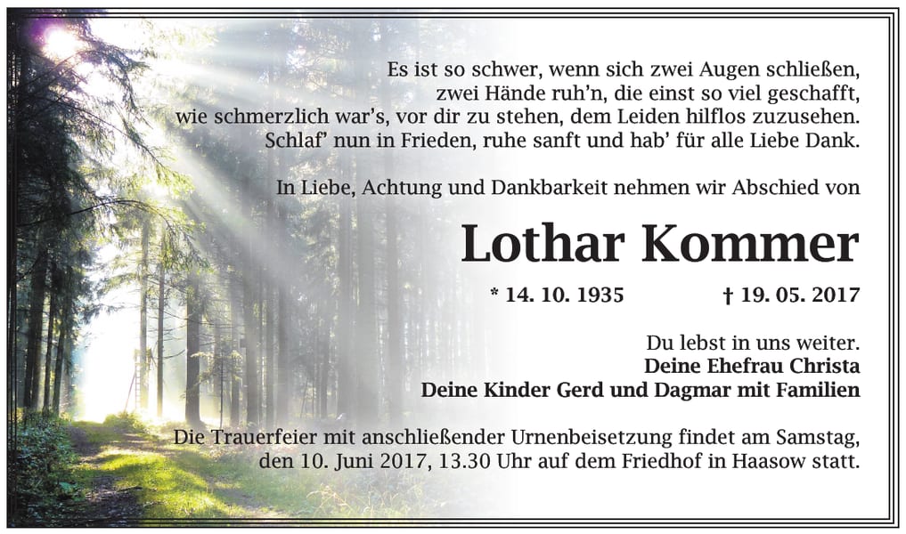Traueranzeige Lothar Kommer