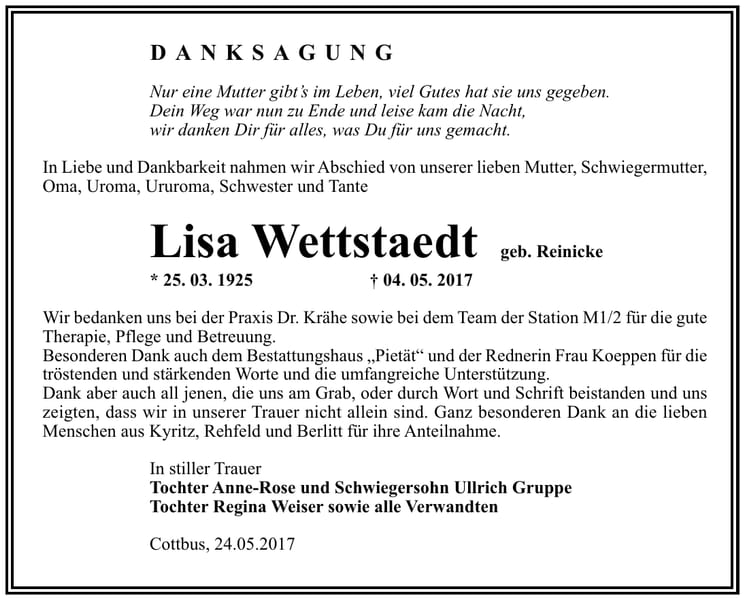 Danksagung Lisa Wettstaedt, geb. Reinicke