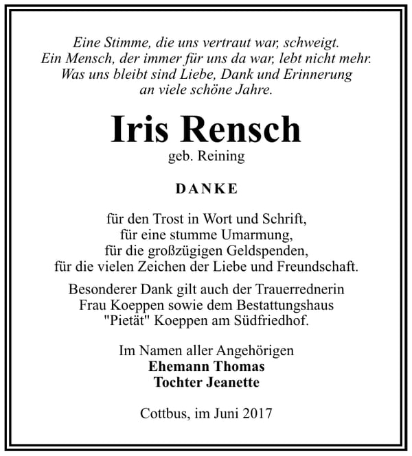 Danksagung Iris Rensch, geb. Reining