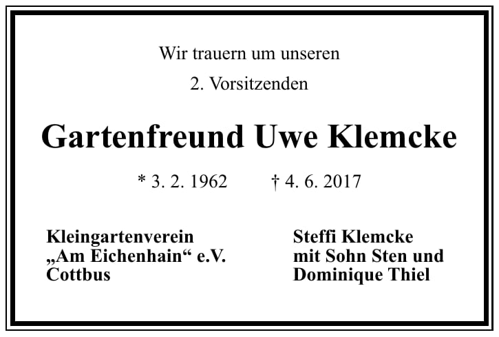 Traueranzeige Gartenfreund Uwe Klemcke