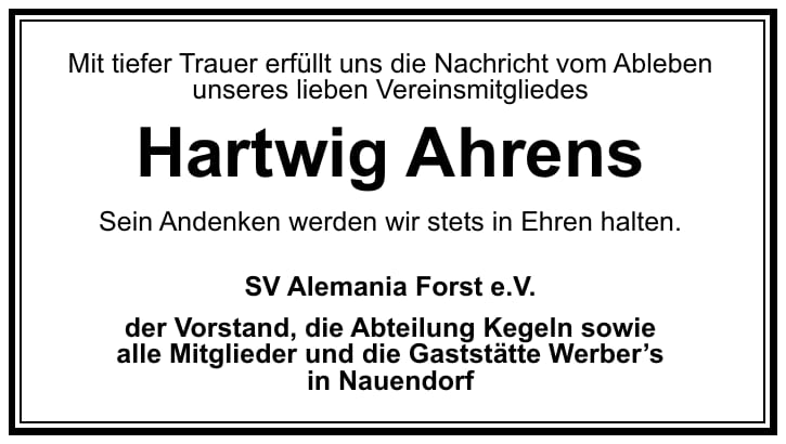 Traueranzeige Hartwig Ahrens