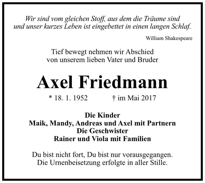 Traueranzeige Axel Friedmann
