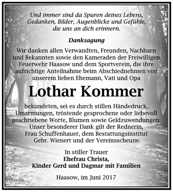 Danksagung Lothar Kommer