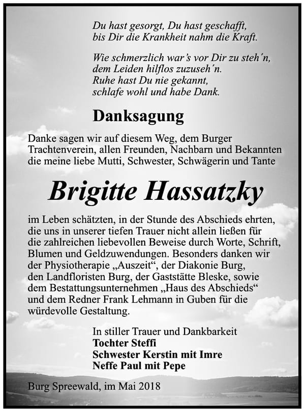Danksagung Brigitte Hassatzky