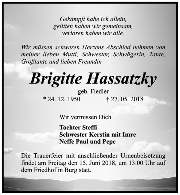Traueranzeige Brigitte Hassatzky, geb. Fiedler