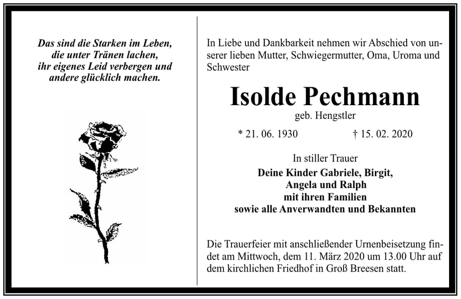 Traueranzeige Isolde Pechmann, geb. Hengstler