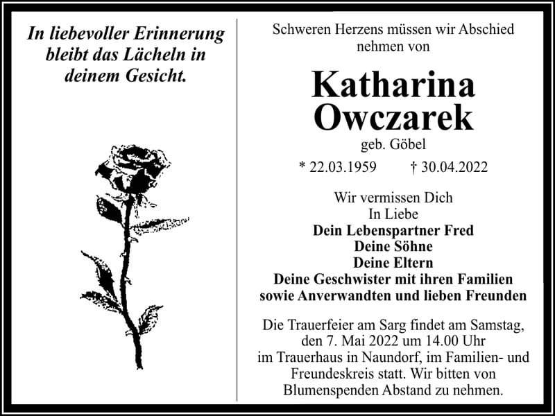 Traueranzeige Katharina Owczarek, geb. Göbel