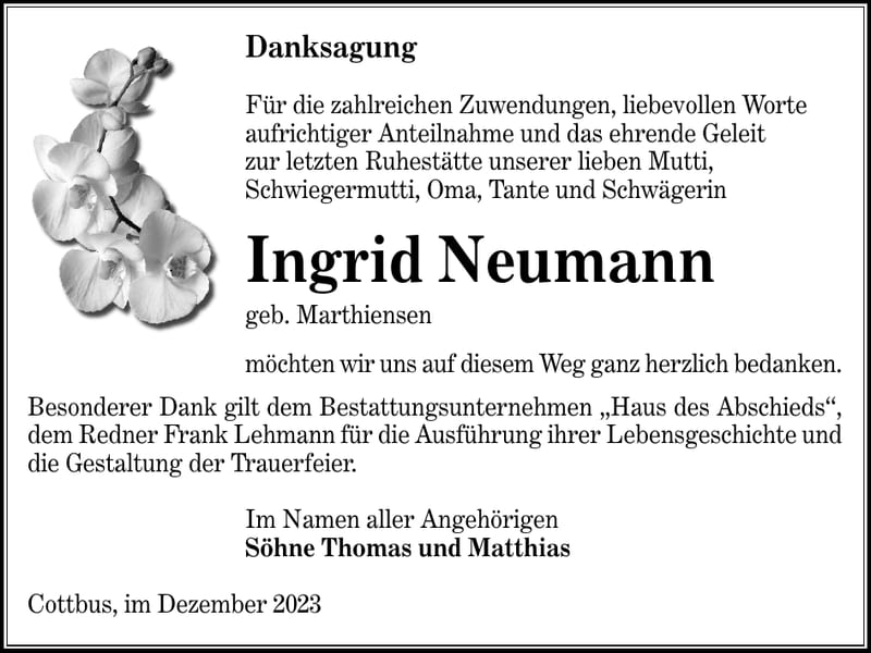 Danksagung Ingrid Neumann, geb. Marthiensen