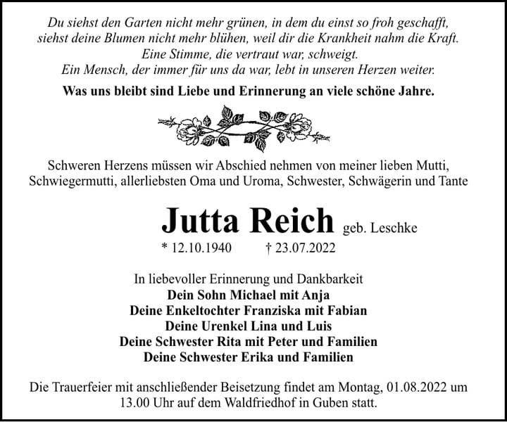 Traueranzeige Jutta Reich, geb. Leschke