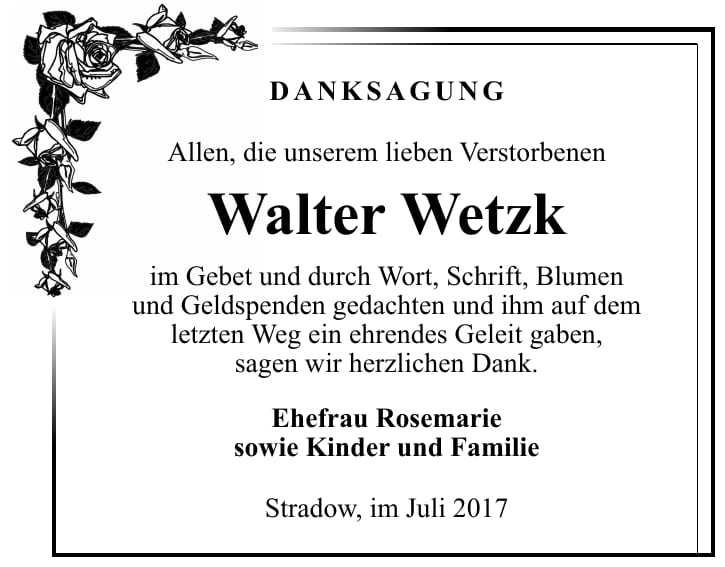 Danksagung Walter Wetzk