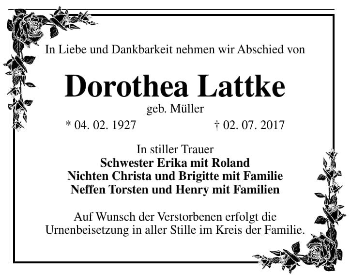Traueranzeige Dorothea Lattke, geb. Müller