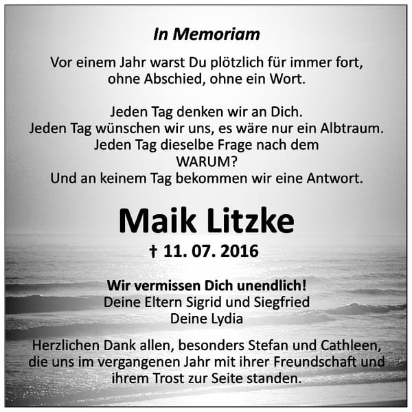 Jahresgedenken Maik Litzke