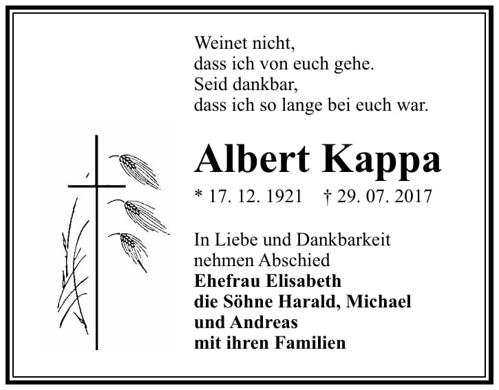 Traueranzeige Albert Kappa
