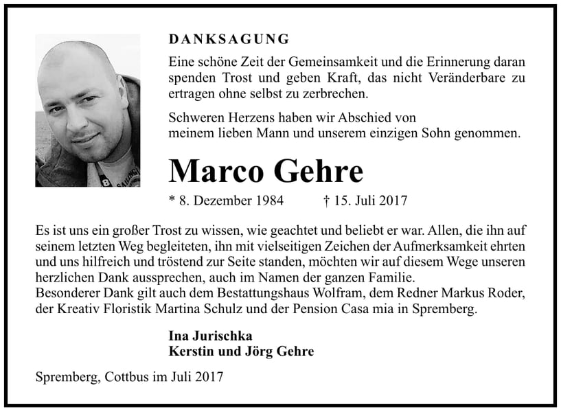 Danksagung Marco Gehre