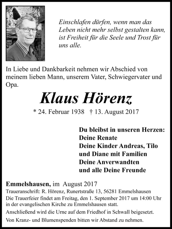 Traueranzeige Klaus Hörenz