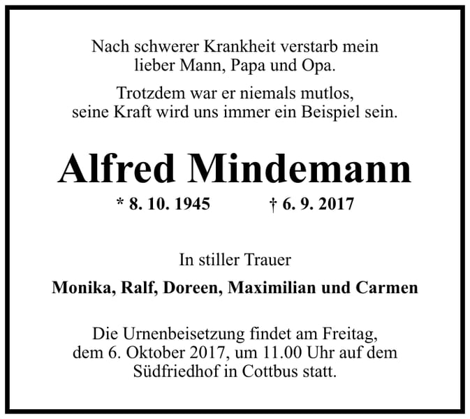 Traueranzeige Alfred Mindemann