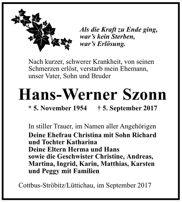 Traueranzeige Hans-Werner Szonn