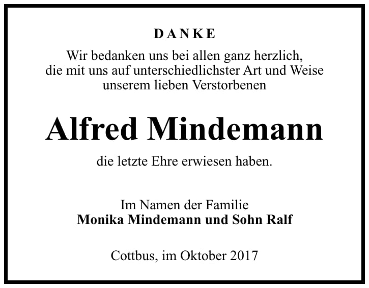 Danksagung Alfred Mindemann