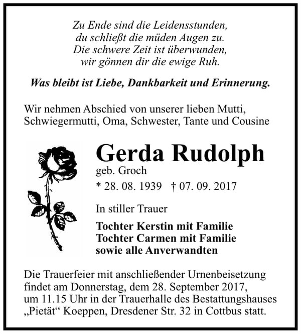 Traueranzeige Gerda Rudolph, geb. Groch