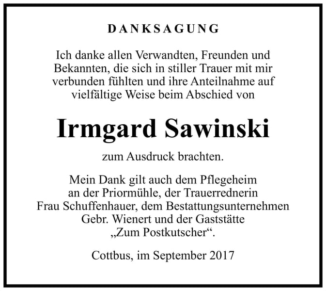 Danksagung Irmgard Sawinski