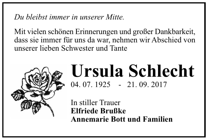 Traueranzeige Ursula Schlecht
