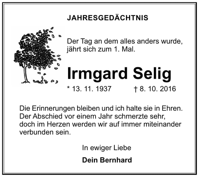 Jahresgedenken Irmgard Selig
